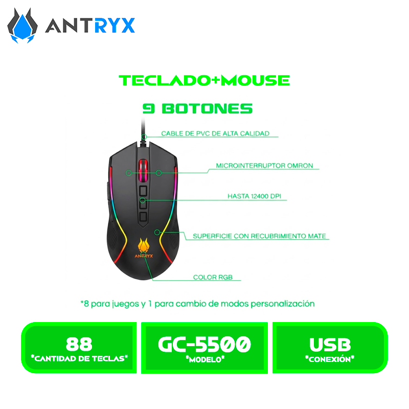 TECLADO+MOUSE MECANICO ANTRYX GC-5500, BLUE SWITCH (AGC-5500KBL-SP)