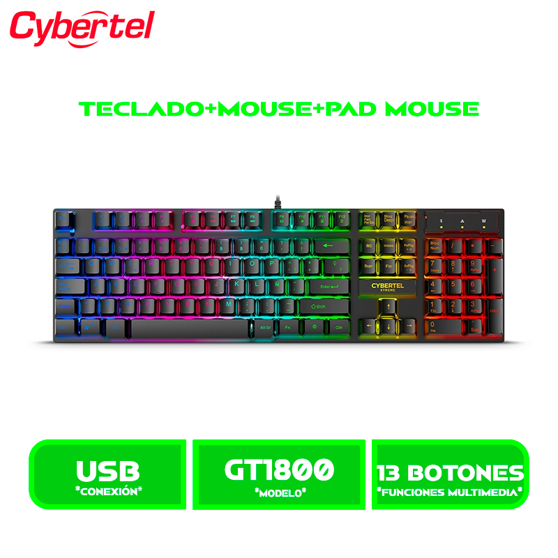 KIT TECLADO+MOUSE+PAD MOUSE CYBERTEL XTREME CYB GT1800 RAINBOW LED