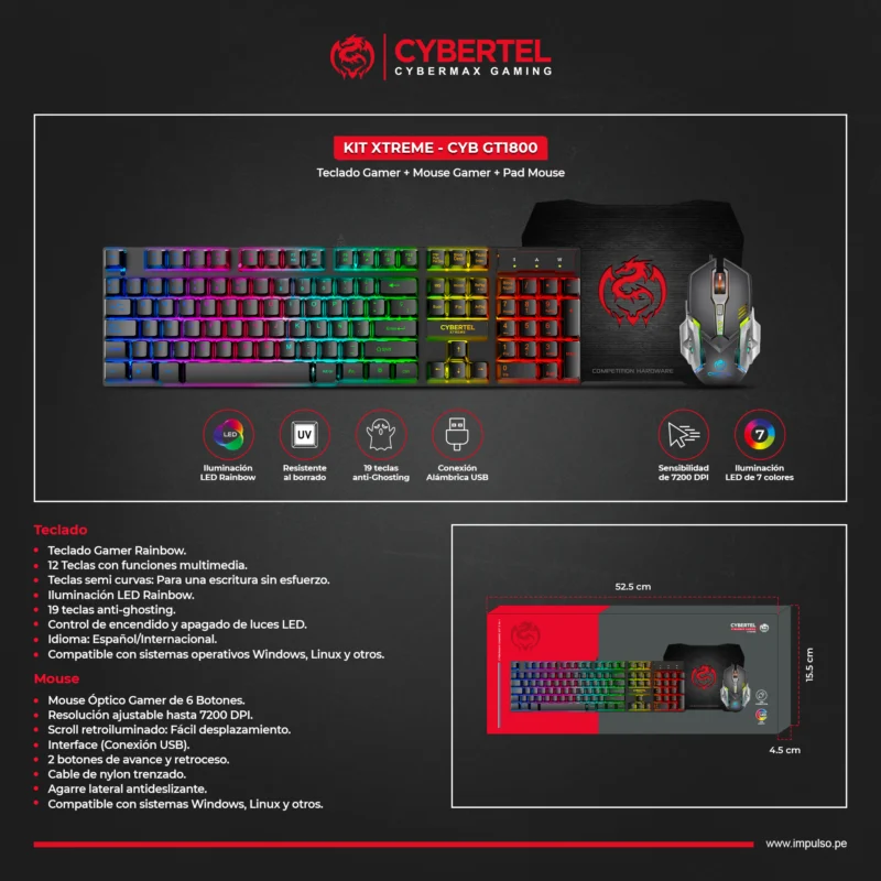KIT TECLADO+MOUSE+PAD MOUSE CYBERTEL XTREME CYB GT1800 RAINBOW LED
