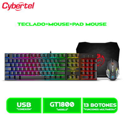 KIT TECLADO+MOUSE+PAD MOUSE CYBERTEL XTREME CYB GT1800 RAINBOW LED