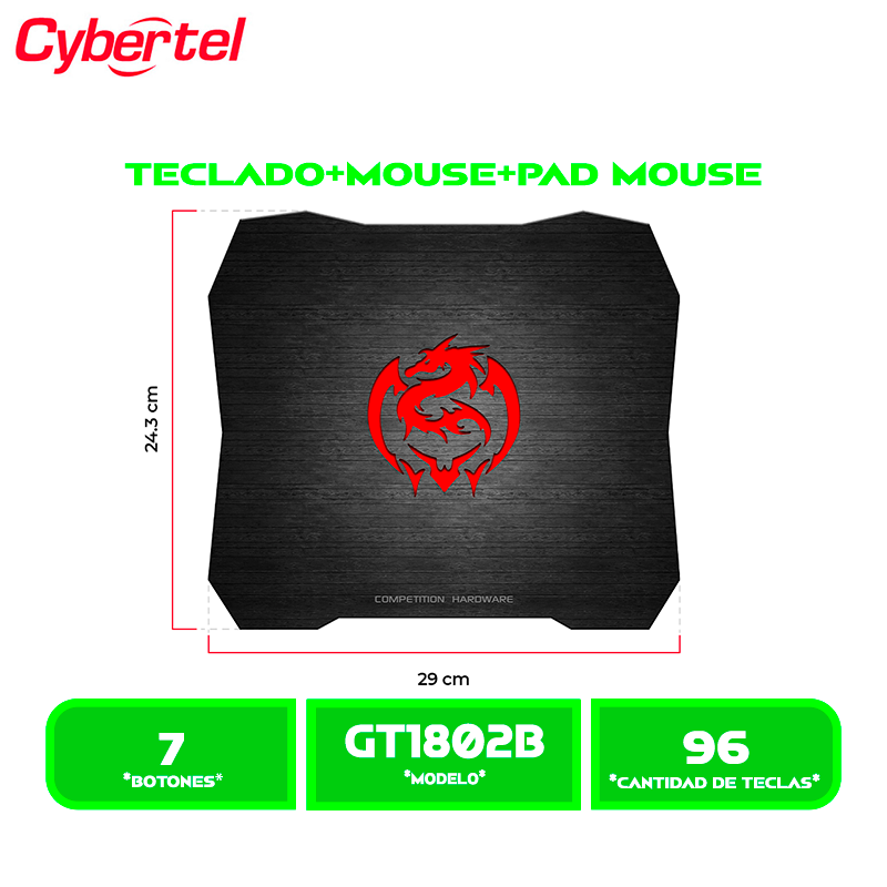 KIT TECLADO MECANICO+MOUSE GAMER+PAD GAMER CYBERTEL STRIKER CBX GT1802B USB CABLEADO BLACK