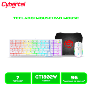 GT1802W KIT TECLADO MECANICO+MOUSE GAMER+PAD GAMER CYBERTEL STRIKER CBX GT1802W USB CABLEADO WHITE