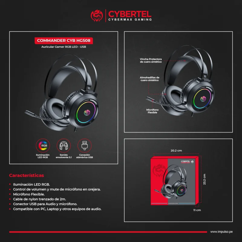 AUDIFONO C/MICROFONO CYBERTEL COMMANDER GAMER USB RGB CYB HG508