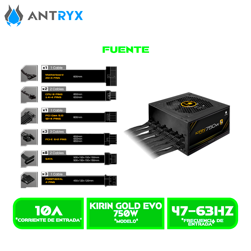 FUENTE DE PODER ANTRYX KIRIN GOLD EVO 750W 80 PLUS GOLD, MODULAR, ATX3.1 PCIE 5.0