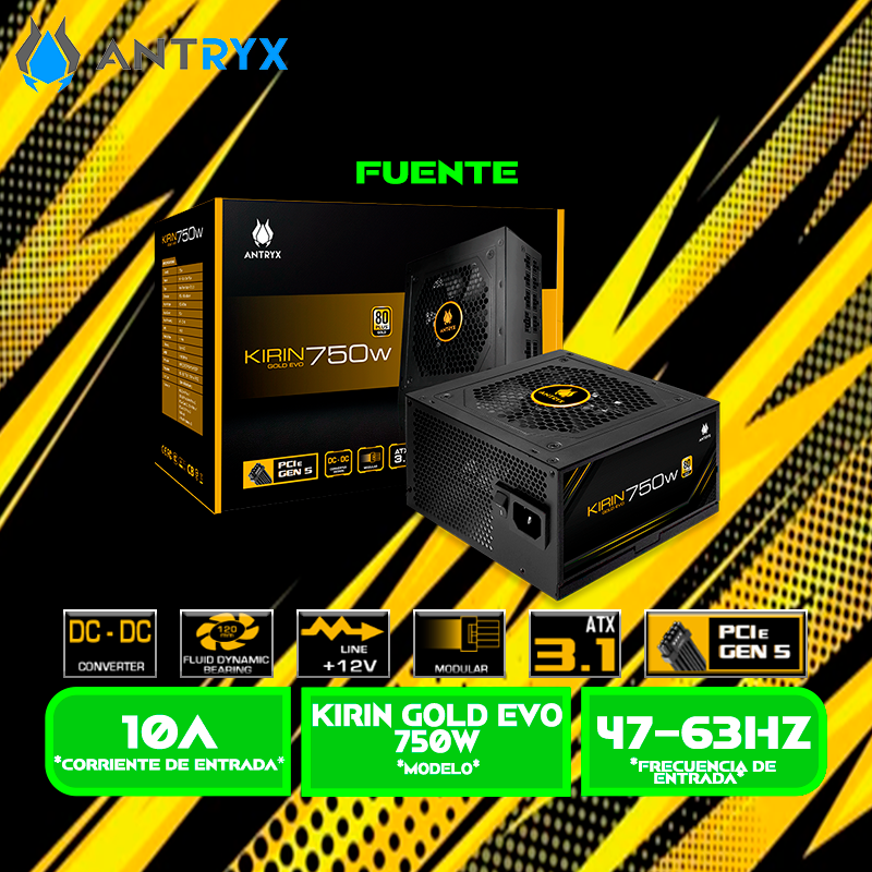FUENTE DE PODER ANTRYX KIRIN GOLD EVO 750W 80 PLUS GOLD, MODULAR, ATX3.1 PCIE 5.0