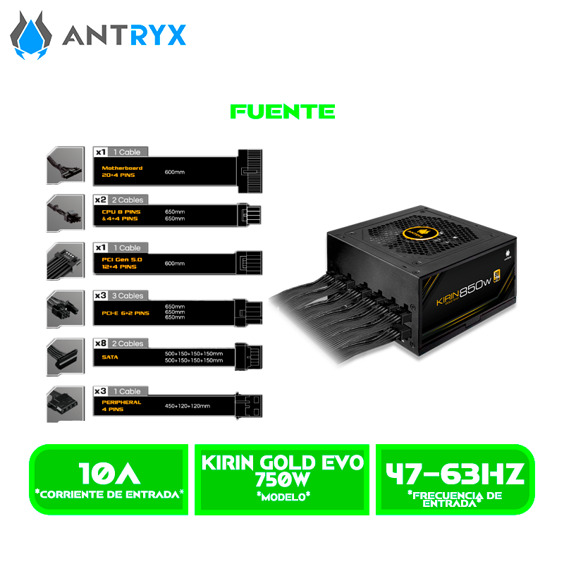 FUENTE DE PODER ANTRYX KIRIN GOLD EVO 850W 80 PLUS GOLD, MODULAR, ATX3.1 PCIE 5.0