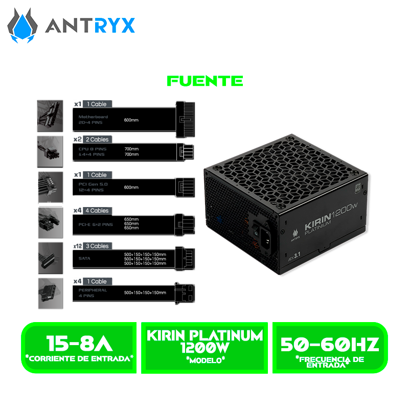 FUENTE DE PODER ANTRYX KIRIN 1200W 80 PLUS PLATINUM, MODULAR ATX3.1, PCIE 5.0