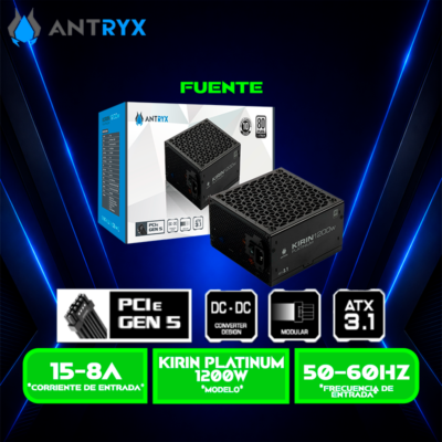 FUENTE DE PODER ANTRYX KIRIN 1200W 80 PLUS PLATINUM, MODULAR ATX3.1, PCIE 5.0