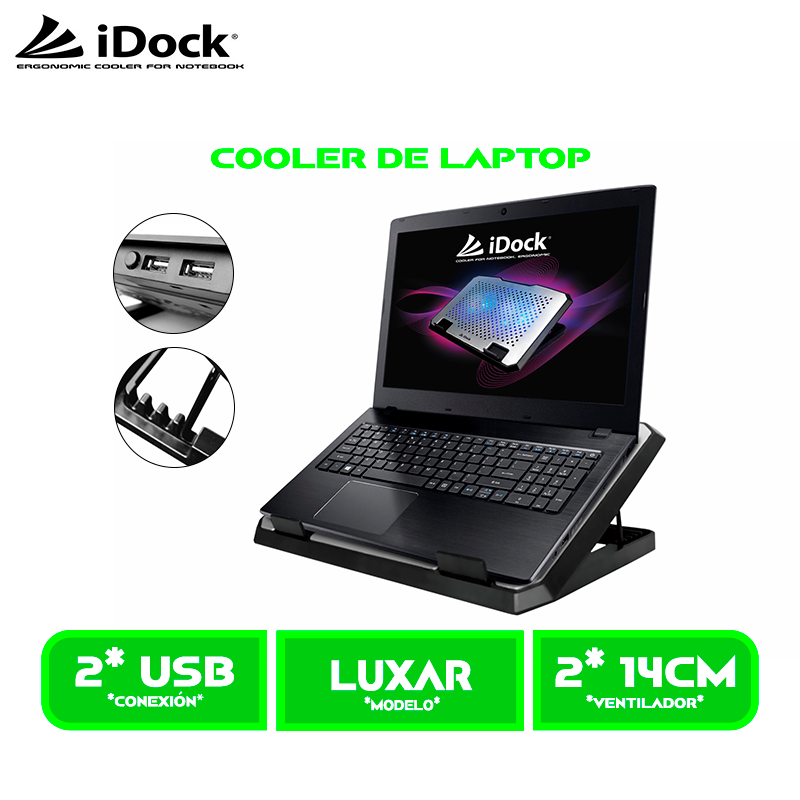 COOLER IDOCK LUXAR 2 VENTILADORES 2 PUERTOS USB 6 NIVELES DE AJUSTE ALUMINIO