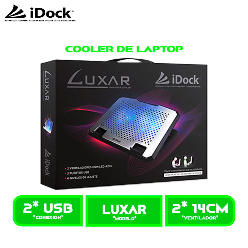 COOLER IDOCK LUXAR 2 VENTILADORES 2 PUERTOS USB 6 NIVELES DE AJUSTE ALUMINIO