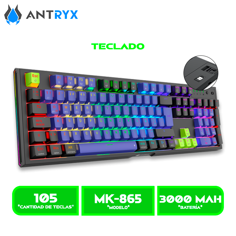 MK-865 1 TECLADO MECANICO INALAMBRICO ANTRYX MK865 TRIX SWITCH BLUE LED RGB (AMK-865TXKBL-SP)