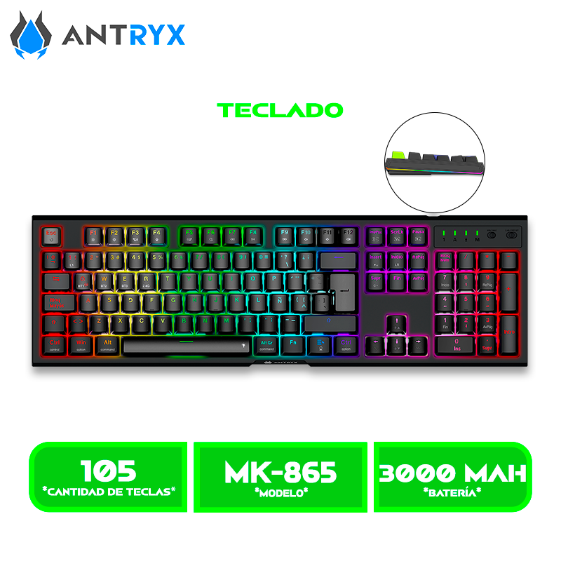 MK-865 3 TECLADO MECANICO INALAMBRICO ANTRYX MK865 TRIX SWITCH BLUE LED RGB (AMK-865TXKBL-SP)