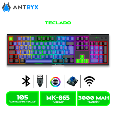 TECLADO MECANICO INALAMBRICO ANTRYX MK865 TRIX SWITCH BLUE LED RGB (AMK-865TXKBL-SP)