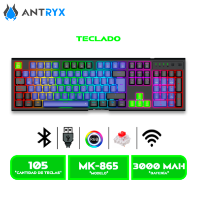 TECLADO MECANICO INALAMBRICO ANTRYX MK865 TRIX SWITCH RED LED RGB (AMK-865TXKRE-SP)
