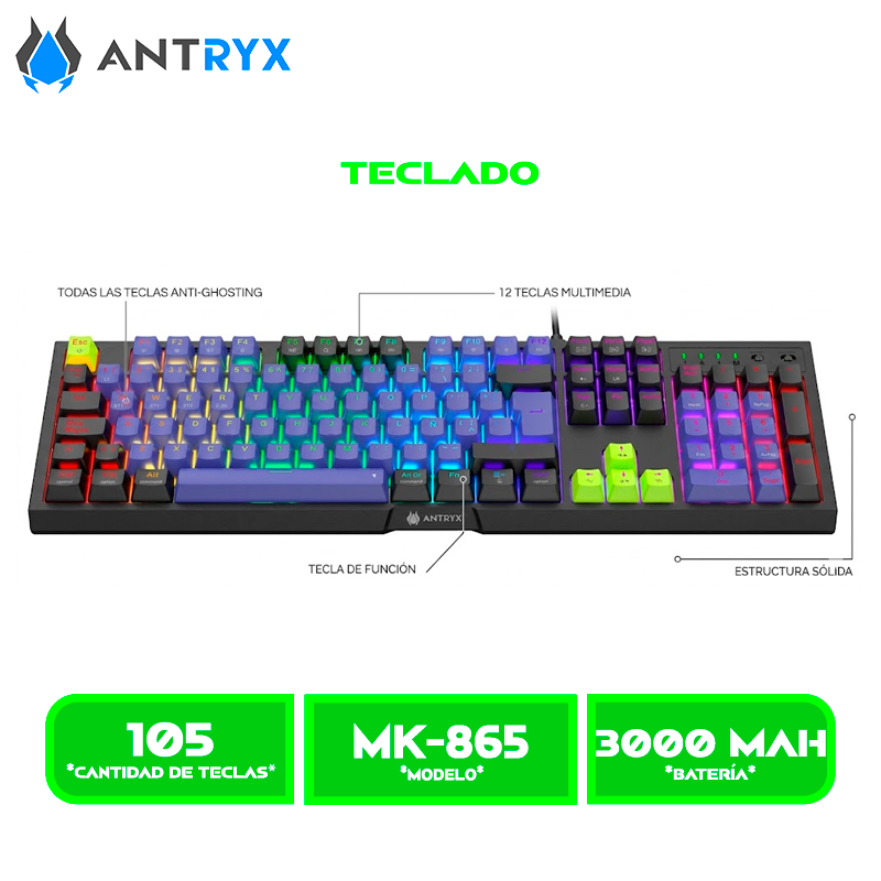 MK-865 TECLADO MECANICO INALAMBRICO ANTRYX MK865 TRIX SWITCH BLUE LED RGB (AMK-865TXKBL-SP)