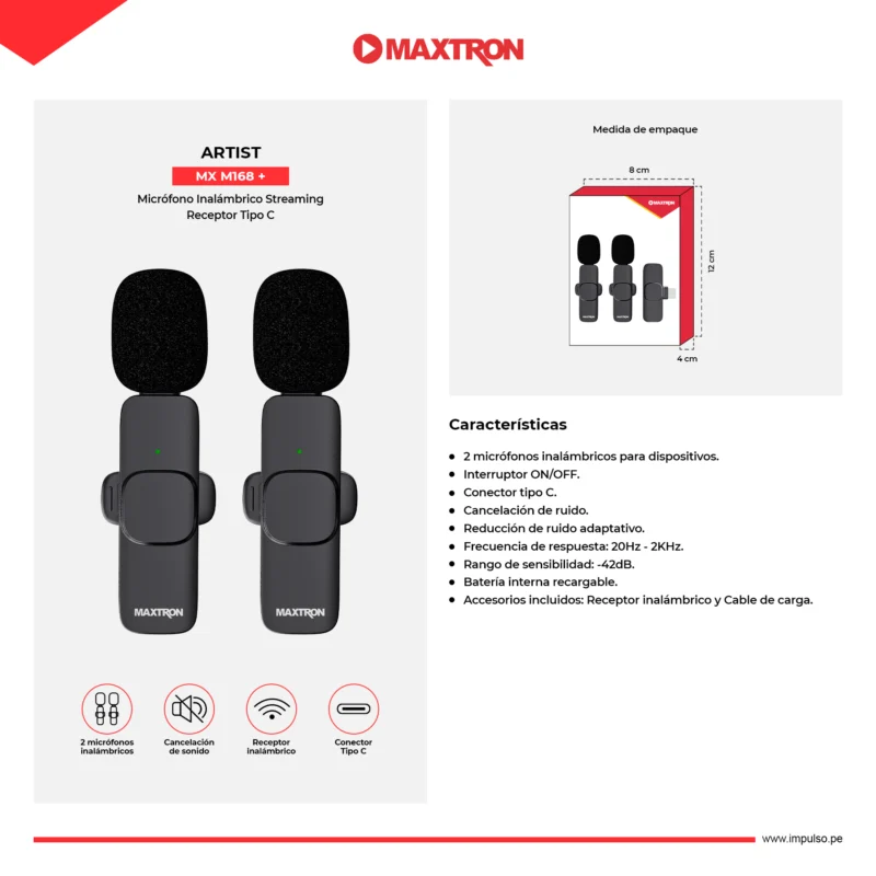MICROFONO INALÁMBRICO MAXTRON ARTIST MX M168+ STREAMING SOLAPERO USB C