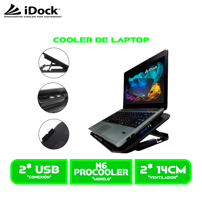 COOLER IDOCK PRO COOLER N6 2 VENTILADORES 5 NIVELES 2 PUERTOS USB