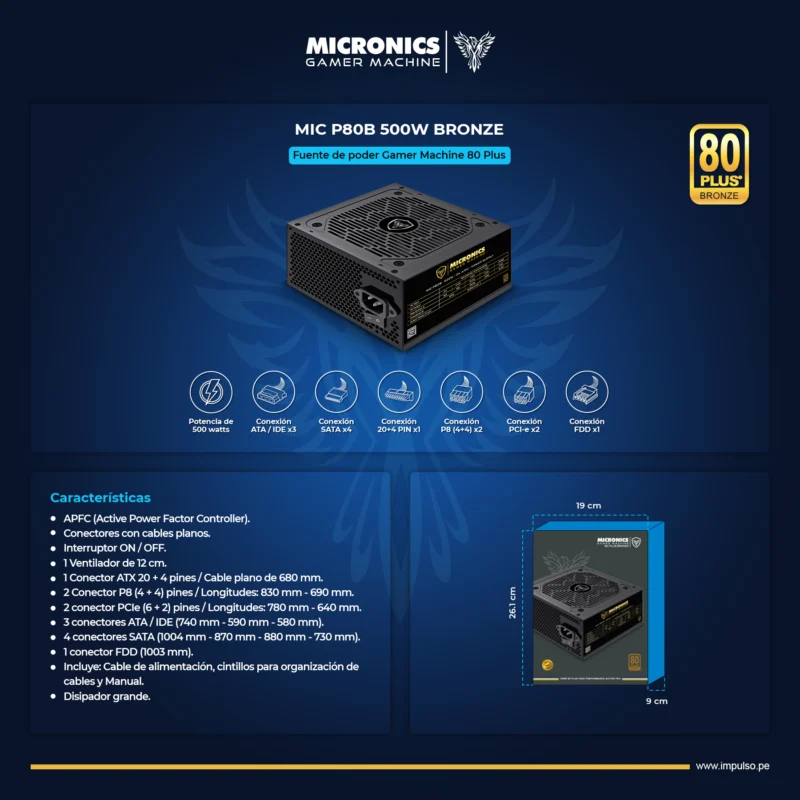 FUENTE DE PODER MICRONICS ATX MIC P80B-500W 80 PLUS BRONZE