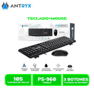 COMBO ANTRYX TECLADO+MOUSE PRECISION PS960 (ASC-PS960K-SP) USB BLACK