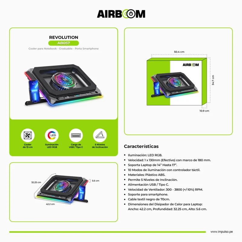 COOLER AIRBOOM REVOLUTION AB 057 CON BASE DE COOLER RGB 1FAN 13CM
