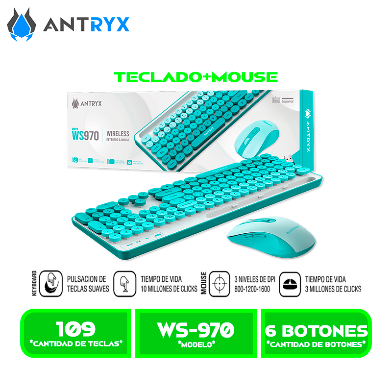 TECLADO+MOUSE ANTRYX WS-970 GREEN, HOLDER SLOT WIRELESS (ASC-WS970GN)