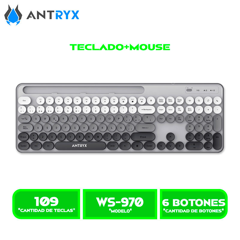 TECLADO+MOUSE ANTRYX WS-970 GRAY ,HOLDER SLOT WIRELESS (ASC-WS970GY)