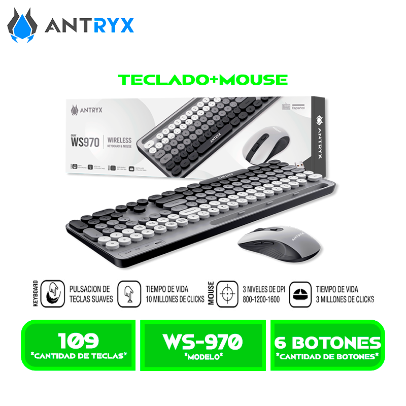 TECLADO+MOUSE ANTRYX WS-970 GRAY ,HOLDER SLOT WIRELESS (ASC-WS970GY)