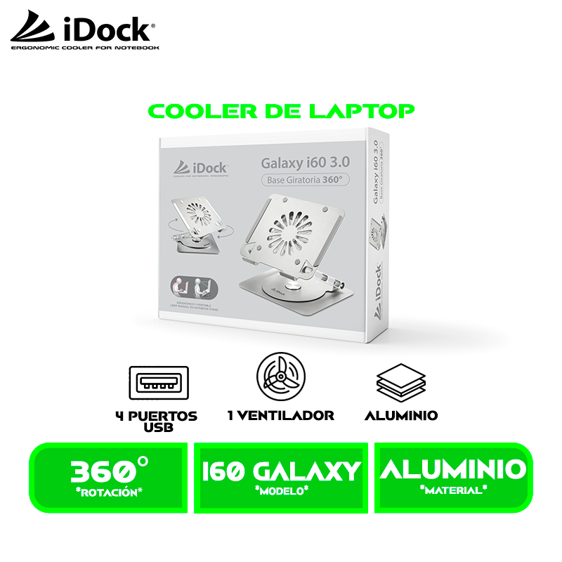 SOPORTE DE LAPTOP IDOCK GALAXY i60 GIRATORIO 360 GRADOS, 4 HUB USB 3.0 ,1 HUB USB 2.0
