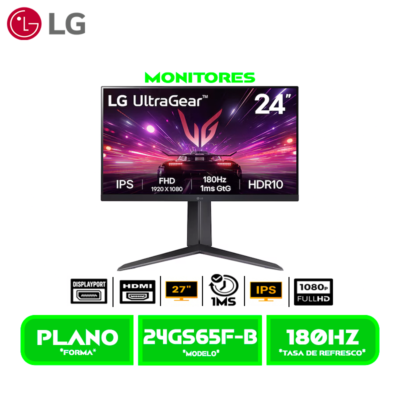 MONITOR LG 24" GAMER ULTRAGEAR (24GS65F-B) PANEL IPS FHD 1980X1080, 180HZ- 1MS, HDMI- DP, PIVOTEABLE