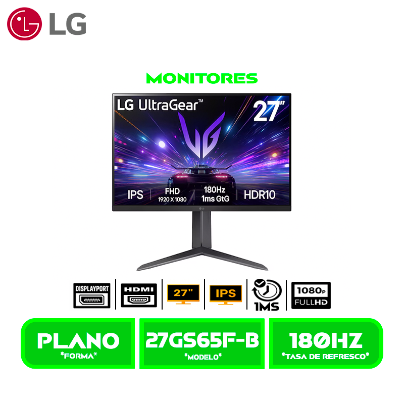MONITOR LG 27 LED 27GS65F-B, 1920x1080, GAMING, IPS, FHD, 180HZ/1MS, HDMI, DP, HDR10, FreeSync