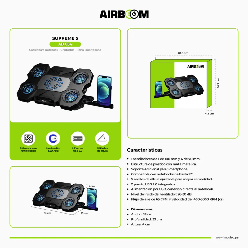 COOLER AIRBOOM SUPREMES 5 AB 034 5FAN 7CM +1FAN 10CM USB
