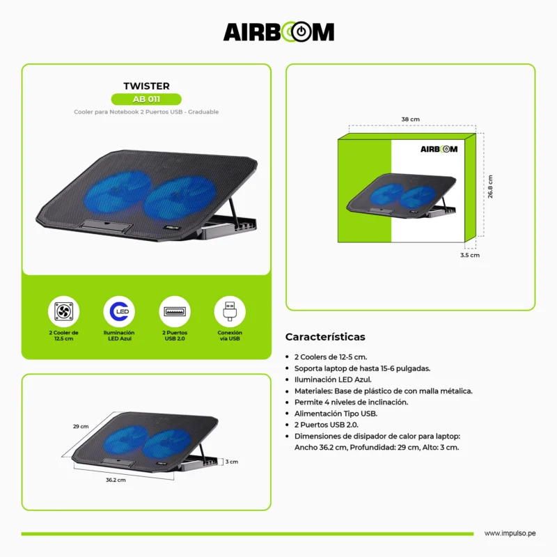 COOLER AIRBOOM TWISTER AB 011 2FAN LED BLUE 12.5 CM