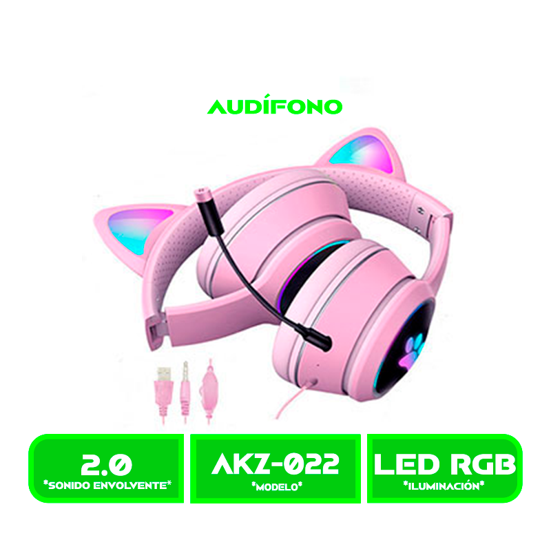 AUDIFONO C/MICROFONO CAT EAR (AKZ-022) RGB PINK/ROSADO