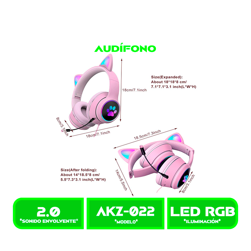 AUDIFONO C/MICROFONO CAT EAR (AKZ-022) RGB PINK/ROSADO