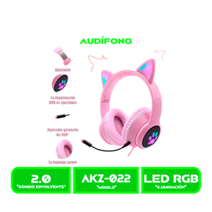 AKZ-022 4 AUDIFONO C/MICROFONO CAT EAR (AKZ-022) RGB PINK/ROSADO