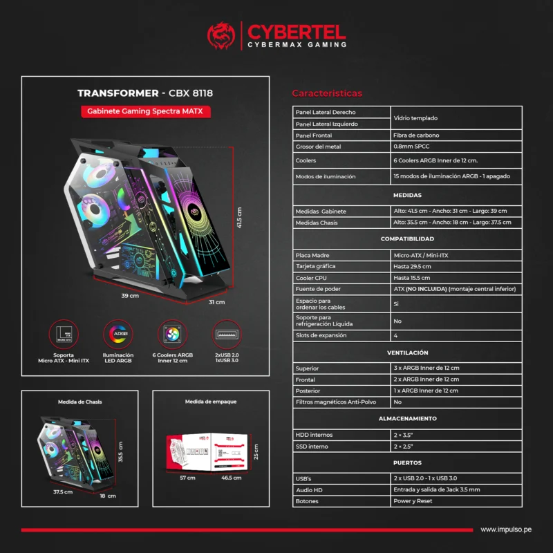 CASE CYBERTEL TRANSFORMER CBX 8118, S/FUENTE, 6FAN ARGB, USB 3.0 - 2.0 BLACK