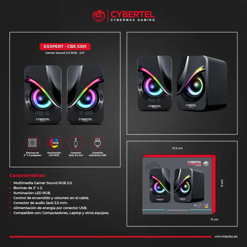 PARLANTE CYBERTEL EXXPERT+ 2.0 (CBX S301U) 3.5MM , USB, RGB, BLACK