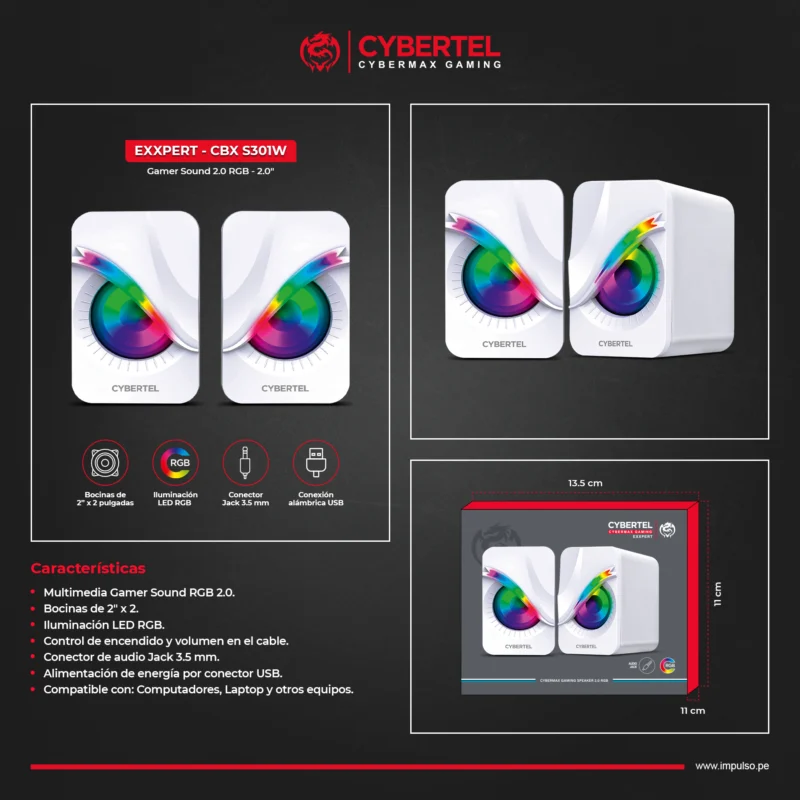 PARLANTE CYBERTEL EXXPERT+ 2.0 (CBX S301W) 3.5MM , USB, RGB, WHITE