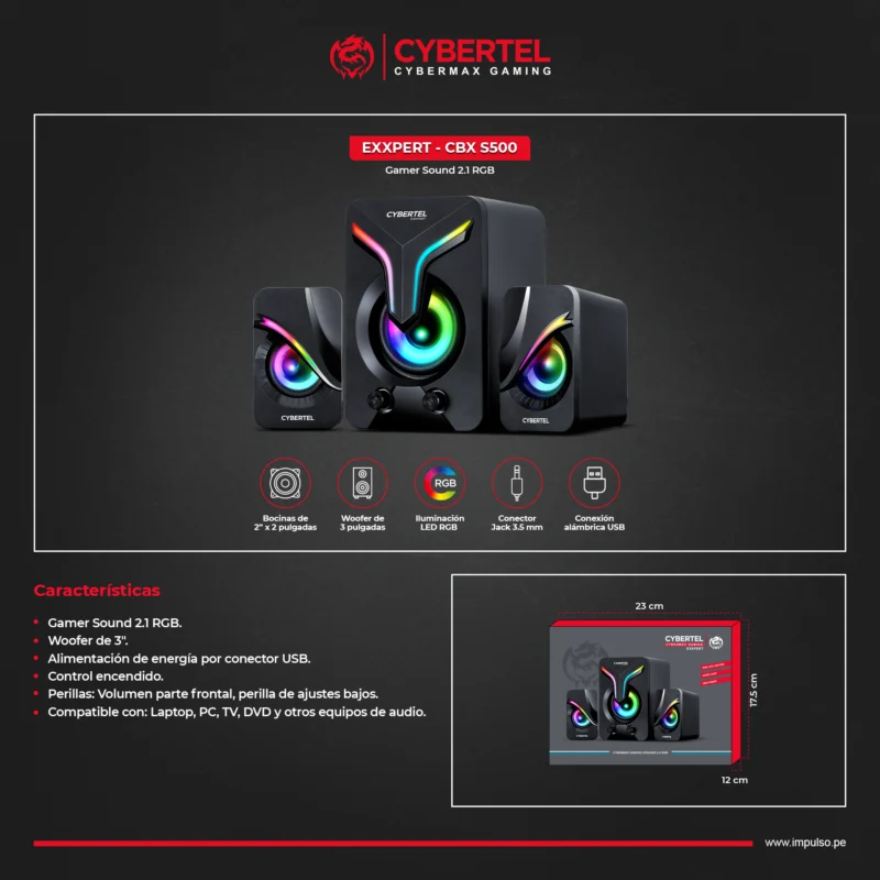PARLANTE CYBERTEL EXXPERT CBX S500 RGB BLACK GAMER SOUND 2.1 CONEXIN USB