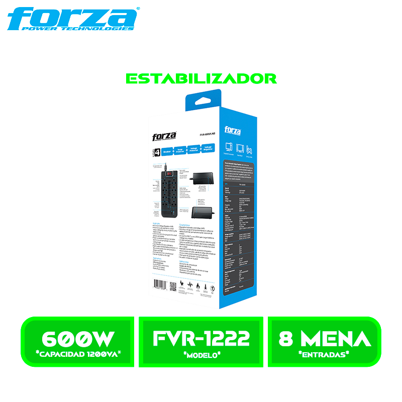 ESTABILIZADOR FORZA FVR-1222USB, 1200VA, 600W, 2USB 8 TOMAS