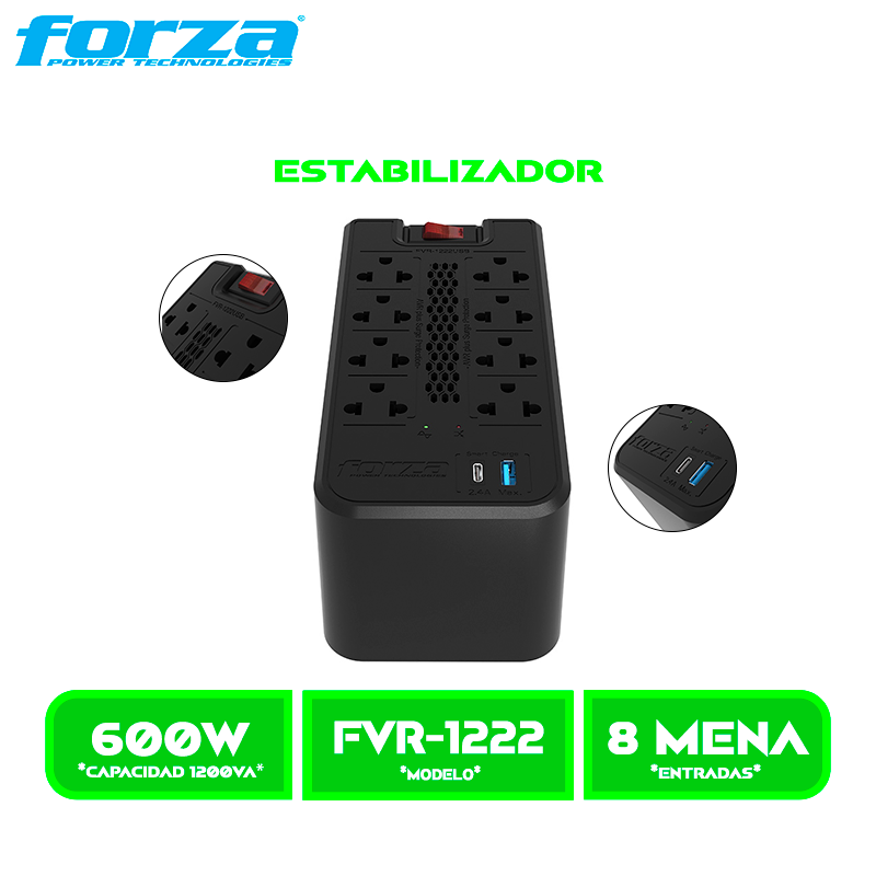 ESTABILIZADOR FORZA FVR-1222USB, 1200VA, 600W, 2USB 8 TOMAS