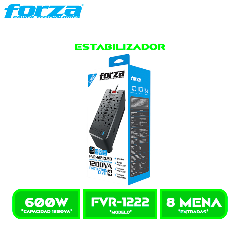 ESTABILIZADOR FORZA FVR-1222USB, 1200VA, 600W, 2USB 8 TOMAS