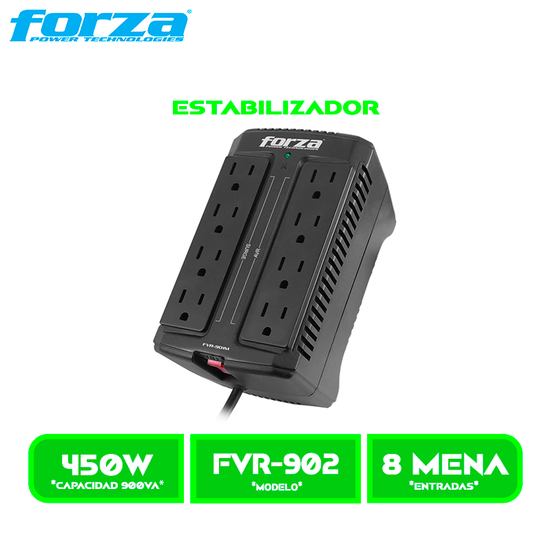ESTABILIZADOR FORZA, FVR-902 900VA 450W, 8 TOMAS NEMA