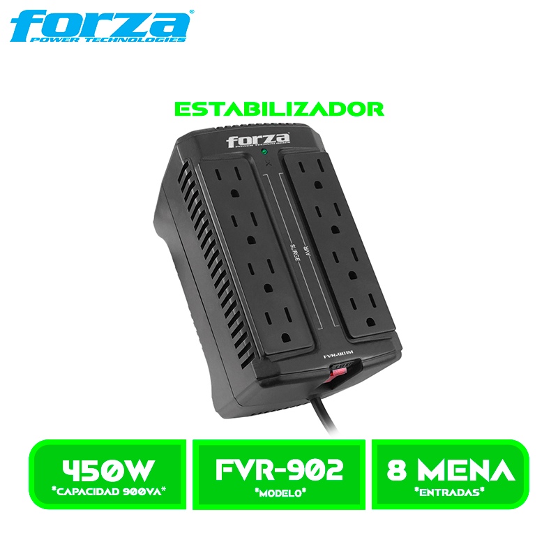 ESTABILIZADOR FORZA, FVR-902 900VA 450W, 8 TOMAS NEMA