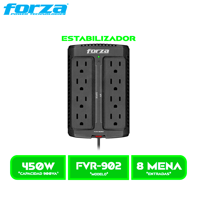 ESTABILIZADOR FORZA, FVR-902 900VA 450W, 8 TOMAS NEMA