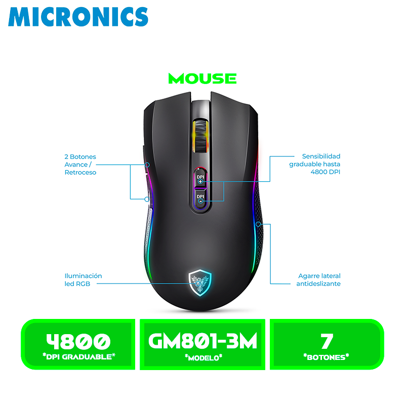 MOUSE MICRONICS KRIPTON GAMER MIC GM801-3M BT, WIFI, RECARGABLE RGB 4800DPI8B. BLACK
