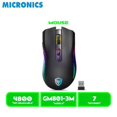 MOUSE MICRONICS KRIPTON GAMER MIC GM801-3M BT, WIFI, RECARGABLE RGB 4800DPI8B. BLACK