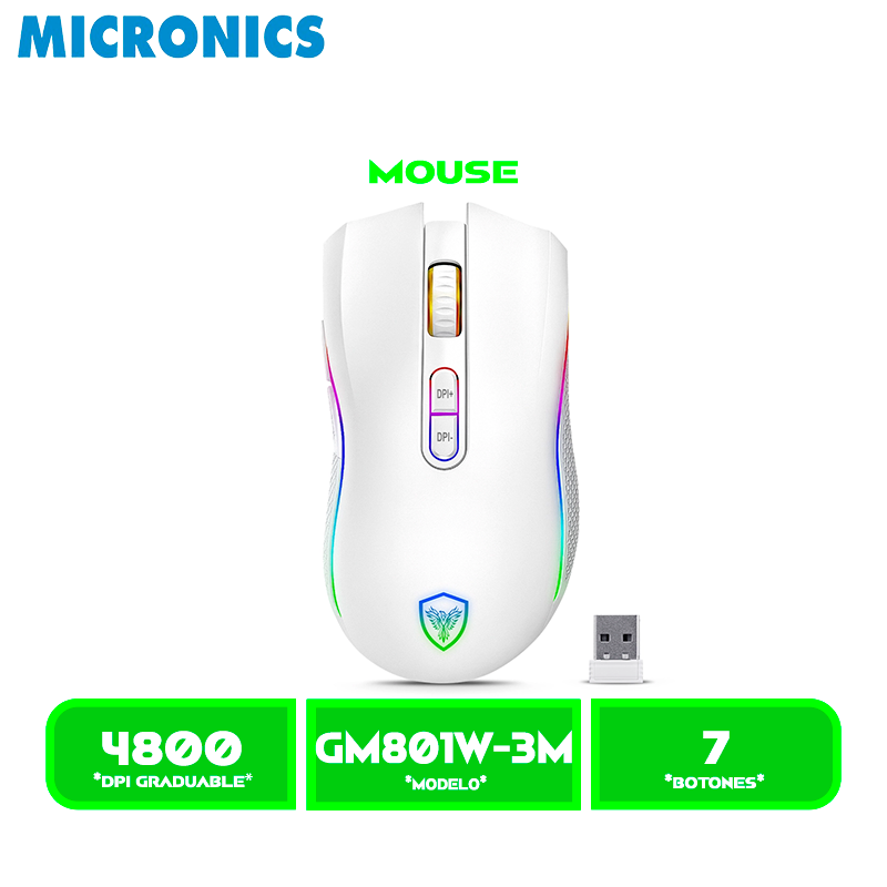 MOUSE MICRONICS KRIPTON GAMER MIC GM801W-3M BT, WIFI, RECARGABLE RGB 4800DPI8B. WHITE
