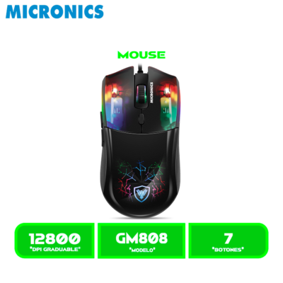 MOUSE MICRONICS NEON GAMER CABLEADO RGB 7B 12800 DPI MIC GM808 USB