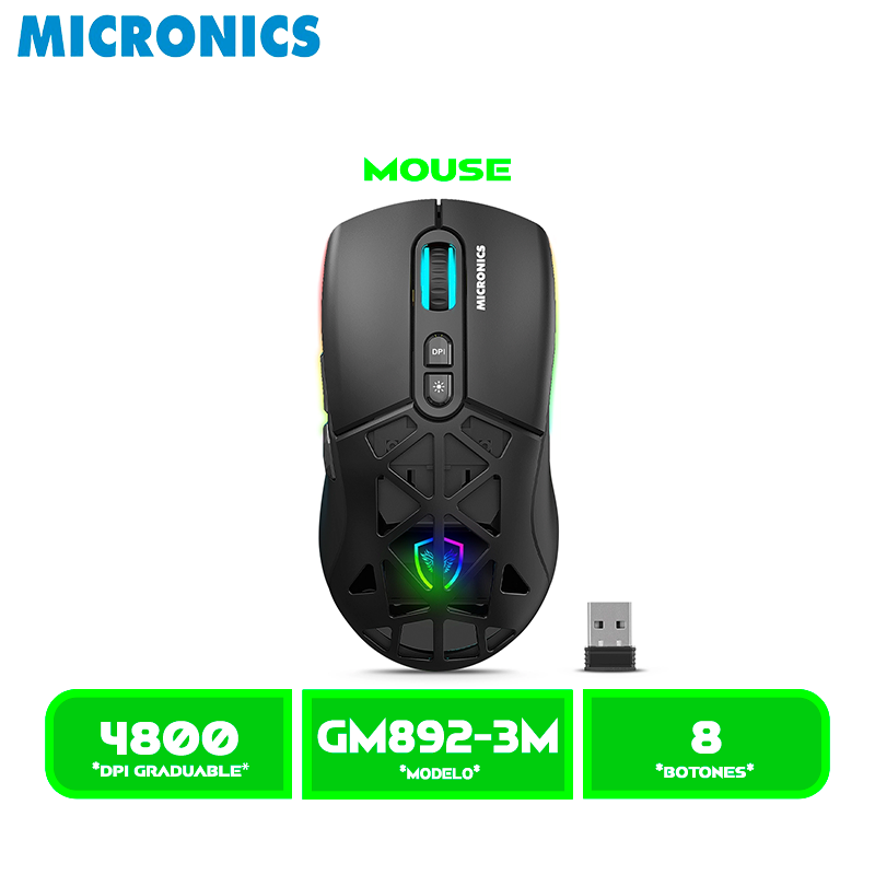 MOUSE MICRONICS MIRAGE 3 GAMER LED RGB MIC (GM892-3M) BT, WIFI, RECARGABLE, 7B, 4800 DP